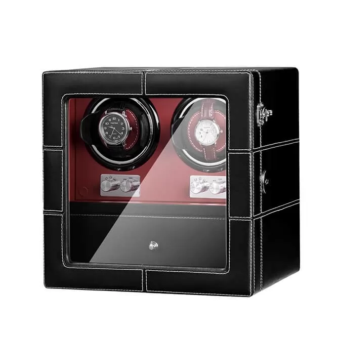 Watch Winder 2 Watches with Quiet Motors in Black Red Leather