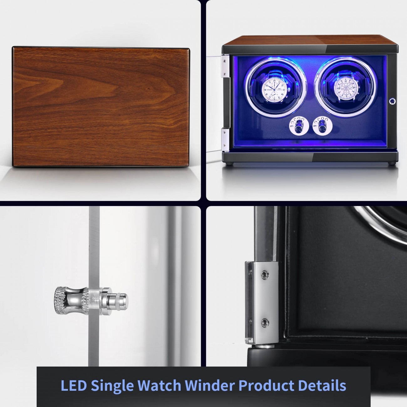 JQUEEN Double Watch Winder for Automatic Watches, Walnut Paint LED