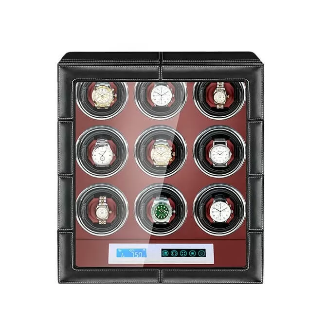 LCD Screen Black Red Leather Watch Winder 9 Watches with Quiet Motors