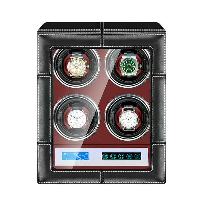 Quad for Automatic Watch Winder With Led Touch Screen in Red Interior 