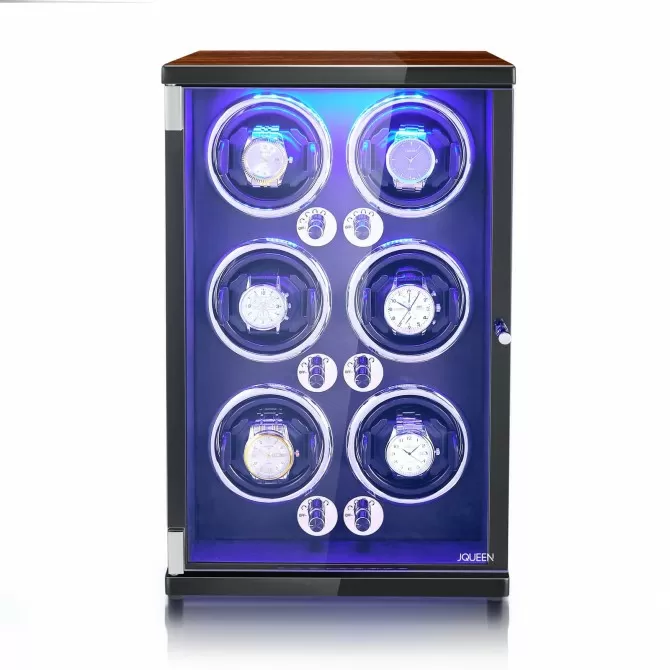 JQUEEN 6 Piece Watch Winder for Automatic Watches, Walnut Paint LED Watch Winder with Quiet Japanese Motor, Open The Cover and Stop, 5 Working Modes
