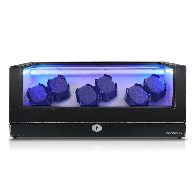 Maselex Black Leather 6 Automatic Watch Winder with Quiet Japanese Motor