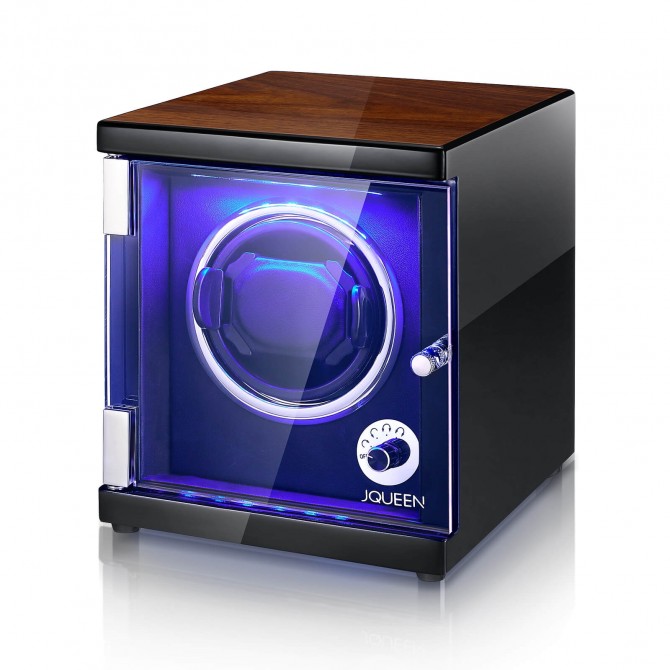 JQUEEN Single Watch Winder for Automatic Watches, Walnut Paint LED Watch Winder with Quiet Japanese Motor, Open The Cover and Stop, 5 Working Modes