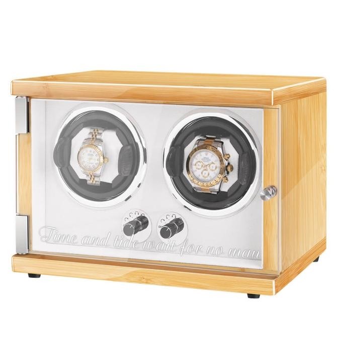 Custom Jqueen New Vertical Double Watch Winders Box Wood Yellow with LED Light Hevea Brasiliensis