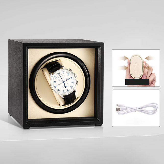 Jqueen Single Watch Winder Box Leather Black with White Flannelet Interior