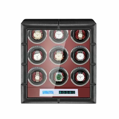 LCD Screen Black Red Leather Watch Winder 9 Watches with Quiet Motors
