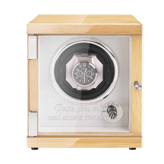 Custom Jqueen New Vertical Single Watch Winder Box Wood Yellow with LED Light Hevea Brasiliensis