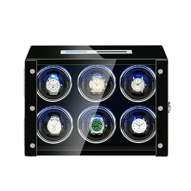 Six Automatic Watch Winder With LCD Touch Screen in Black & Red Interior