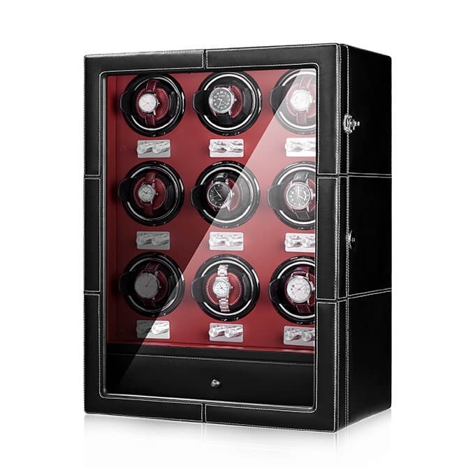 Unique Watch Winder With Nine Quiet Motors, in Black Red Leather