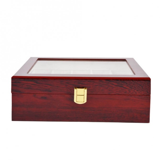10 Slots Watch Box Cherry Watch Display Case Storage Organizer Large Glass Top