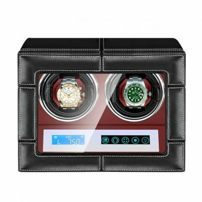 Jqueen Leather Watch Winder 2 Watches With LCD Screen Black