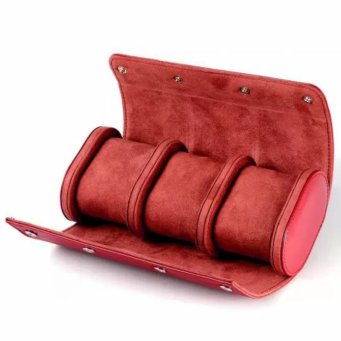 Jqueen Red Leather Watch Roll For 3 Watches
