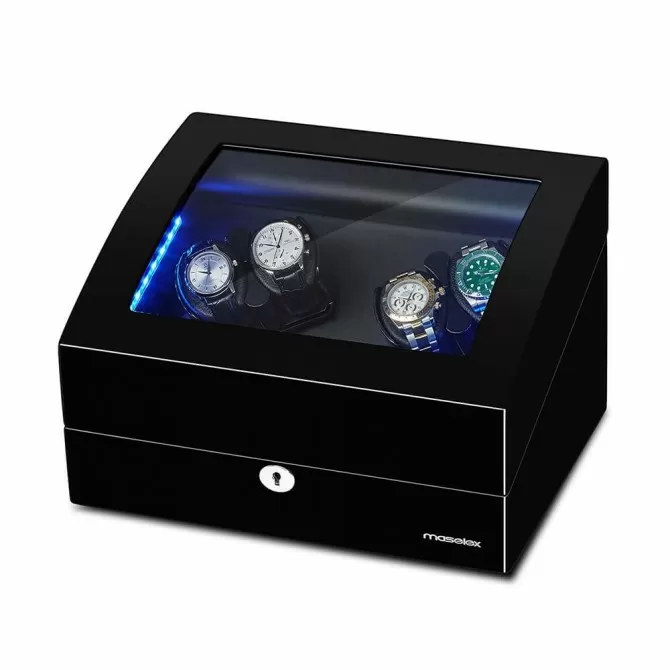 Black Automatic Watch Winder Case With Built-in Blue LED Illuminated