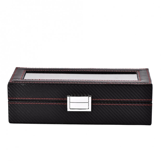 Leather Watch Box 5 Slots Storage Case with Glass Top