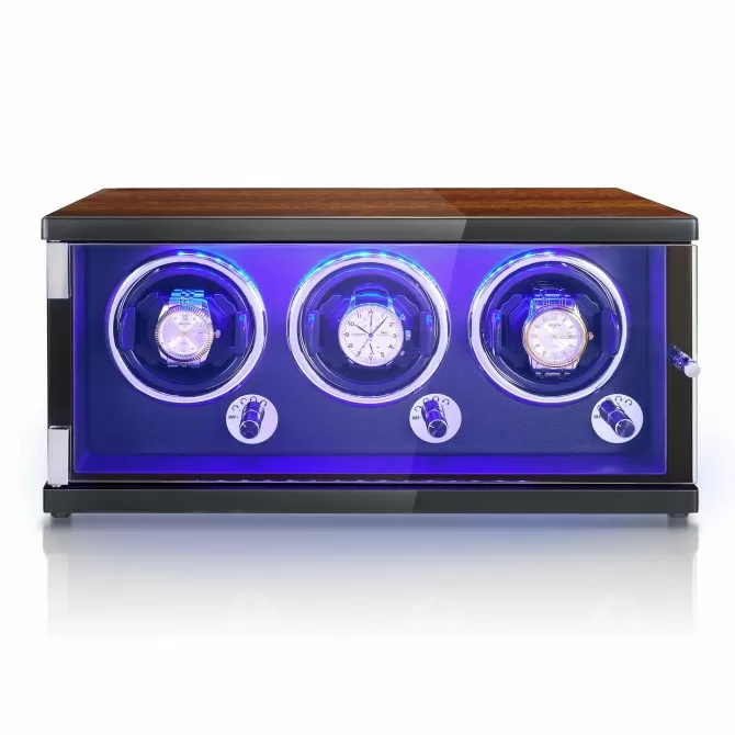 JQUEEN 3 Watch Winder for Automatic Watches, Walnut Paint LED Watch Winder with Quiet Japanese Motor, Open The Cover and Stop, 5 Working Modes