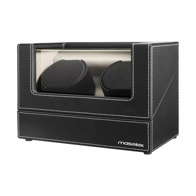  Maselex Black Leather Double Automatic Watch Winder with Quiet Japanese Motor