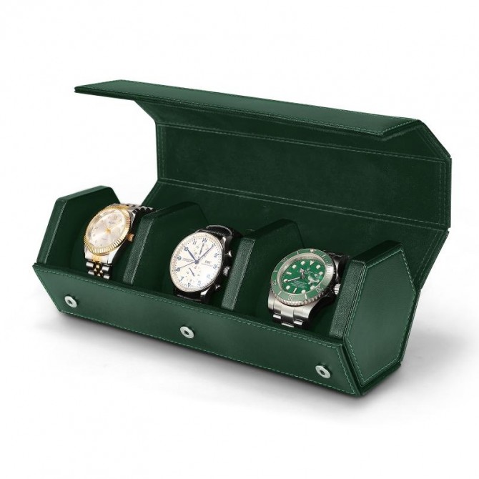 JQUEEN Three Green Microfiber Leather Portable Travel Watch Roll