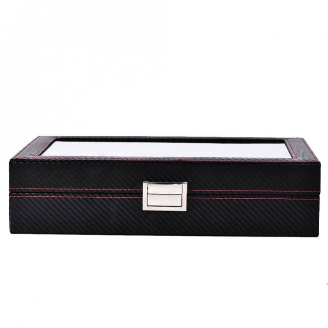 12 Watch Dislpay Box Organizer, Pu Leather with Glass Top, Large, Black